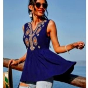 SHEIN Floral Embroidery Sleeveless Peplum Blouse, L, Blue